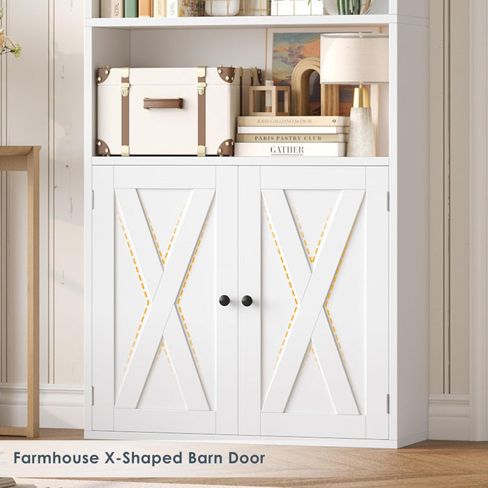 82" Tall Bookcase and Book Shelf, 24" Wide Bookshelf with Doors, 7 Tier Bookcase with Storage and Adjustable Shelf, Open and Display Farmhouse Bookshelf for Living Room, Home Office, White