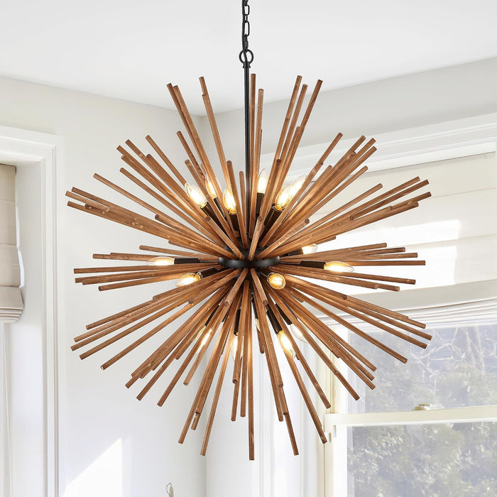 37.4" Farmhouse Sputnik Chandelier for Dining Room Rustic Handmade Natural Wood 18-Light Hanging Ceiling Pendant Light Fixture Starburst Wood Chandeliers for Kitchen Bedroom Foyer Hallway