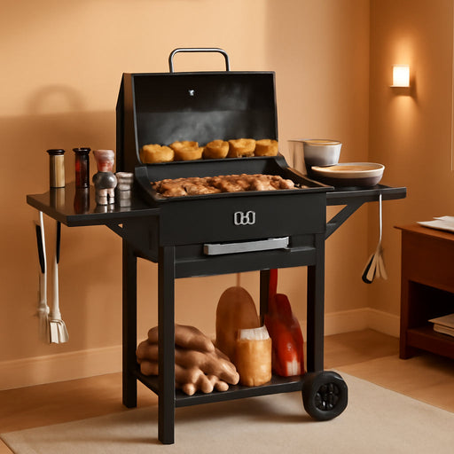 Charcoal Grill with 2 Side Tables, 284 Sq.In. Outdoor Smoker BBQ Grill with Thermometer, Bottle Opener & Wheels, Mobile Cooking Grill for Camping Picnic Party, Black