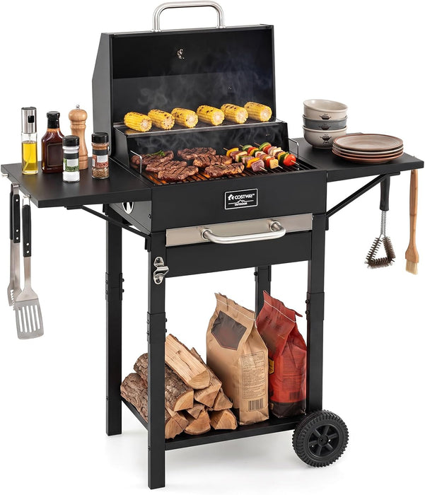 Charcoal Grill with 2 Side Tables, 284 Sq.In. Outdoor Smoker BBQ Grill with Thermometer, Bottle Opener & Wheels, Mobile Cooking Grill for Camping Picnic Party, Black