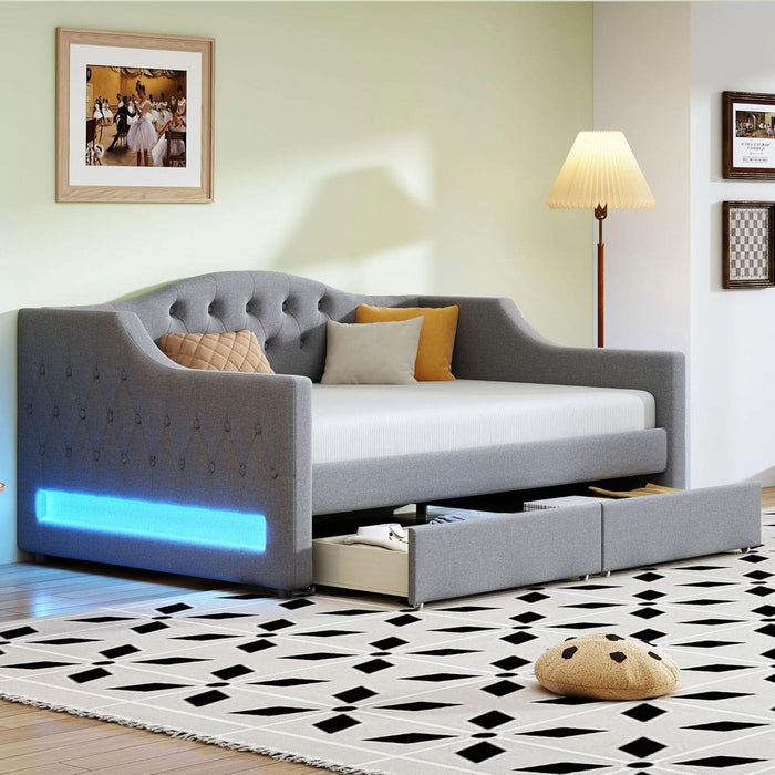Twin XL Size Modern Upholstered Platform Bed with 2 Drawers, Linen Sofa Daybed with Wood Slat Support, Storage Bed Frame, Space Saving/Gray