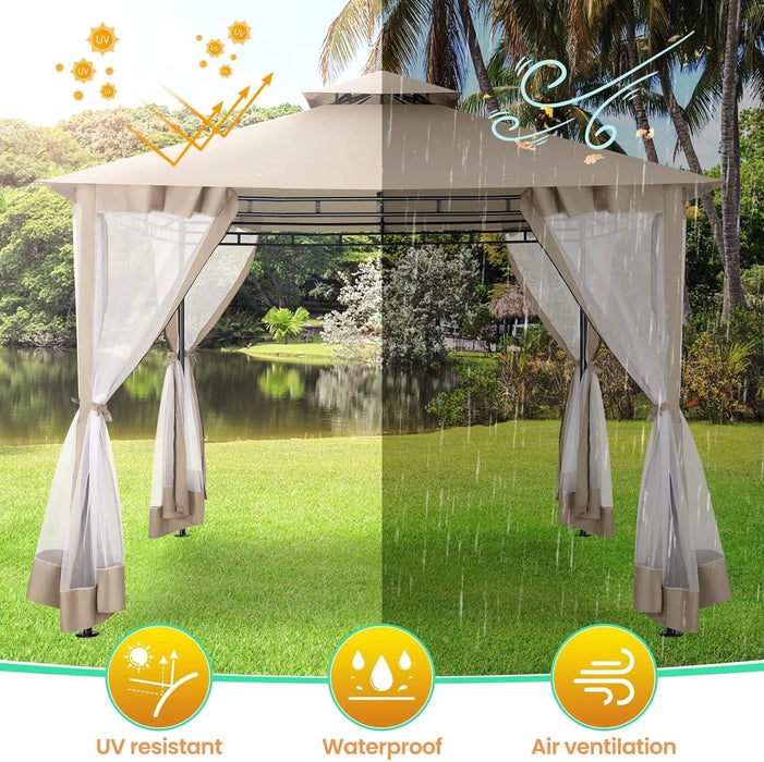 10'X10' Outdoor Gazebo Canopy, Canopy Tent with Mosquito Netting,Screened Gazebo with Corner Shelf Stable Steel Frame Double Roof Tops, Shade Tent for Party, Backyard, Patio Lawn, Garden,Khaki