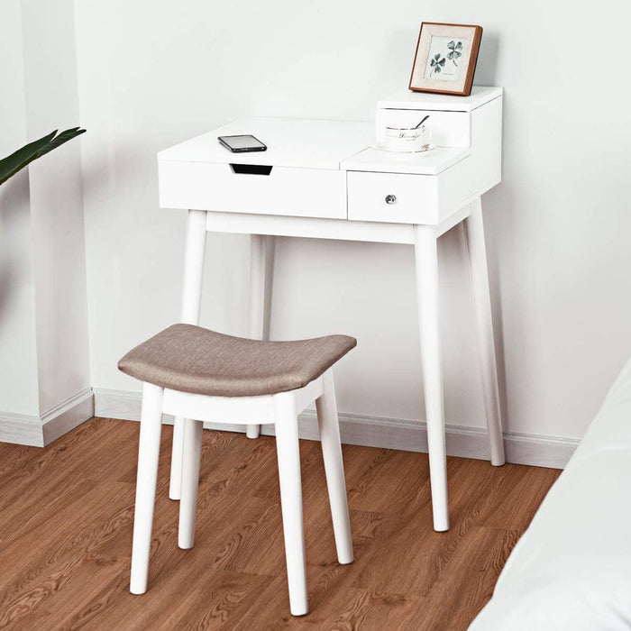 Vanity Table Set with Flip Top Mirror and Cushioned Stool, Folding Top Flip Mirrored Large Storage Organizer for Home Bedroom Bathroom, Makeup Dressing Table Set with 2 Drawers, White