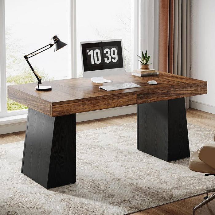 55 Inches Executive Desk, Mid-Century Modern Home Office Desk, Wood Computer Table Business Workstation Small Conference Table, Black & Brown