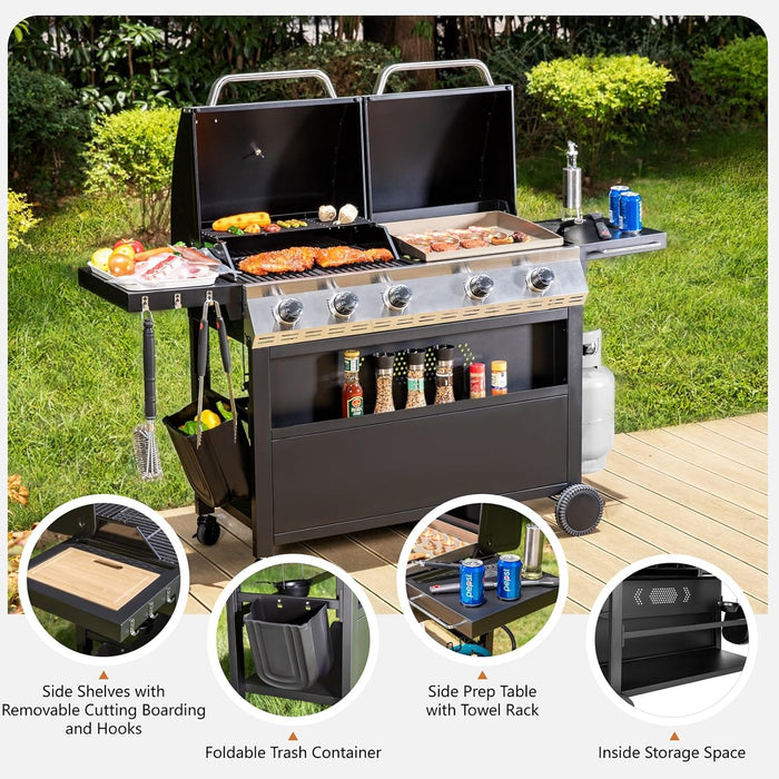 Propane Gas Grill and Griddle Combo with Porcelain-Enameled Cast Iron Grates, Dual Outdoor BBQ Grill with Flat Top Griddle for Barbecue, 696 SQ.IN. Cooking Area