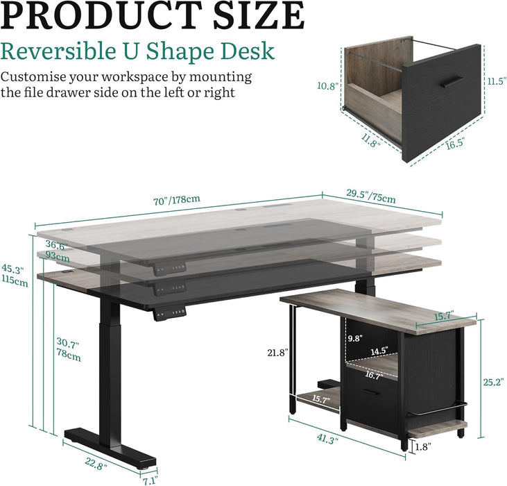 L Shaped Standing Desk with Power Outlets, 70.1" Electric Standing Desk Adjustable Height Sit Stand Corner Standing Desks Executive Desk with Drawers & Shelves, Grey + Black