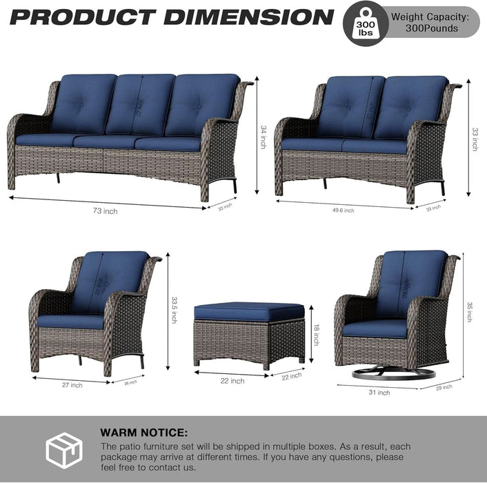Patio Furniture Set 5-Piece Wicker Outdoor Furniture Conversational Set with 3-Seat Sofa, 2 Armchairs, 2 Ottoman Patio Rattan Wicker Sectional Sofa Set with Olefin Cushions(Mixed Grey/Blue)