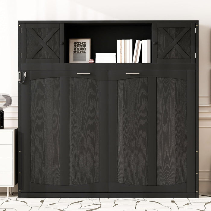 Full Size Murphy Bed with 2 Storage Cabinets, Wood Hidden Foldable Wall Bed Frame W/Bookcase Shelves, Storage Bed Cabinet for Bedroom, Office, Space-Saving, No Box Spring Needed, Black