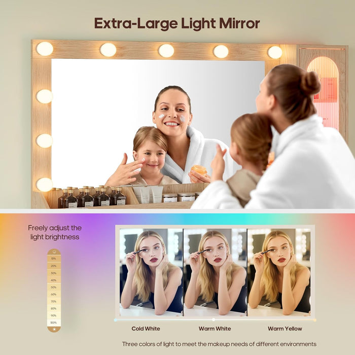 Fluted Makeup Vanity Desk with Large 31.5" Mirror and Lights, 46.1" Wood Vanity with Charging Station & RGB Lights, Dressing Table with 6 Drawers & Cabinet & Shelves, Oak