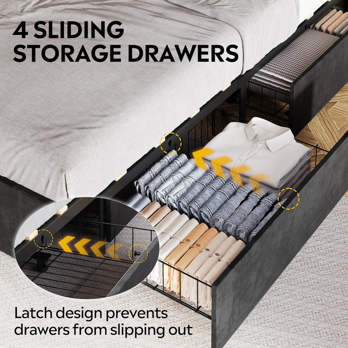 Full Size Upholstered Bed Frame with 4 Storage Drawers and Headboard, Velvet Platform Bedframe, Sturdy Metal & Wooden Slats Support, No Box Spring Needed, Easy Assembly, Black
