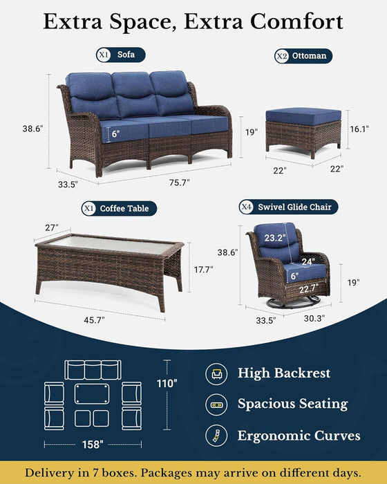 Luxury Outdoor 8-Piece High Back Patio Furniture Set, with 3-Seater Sofa, 4 Swivel Rockers, 2 Ottomans, 1 Coffee Table, 6'' Thick Cushions, Ideal for Porch, Poolside, Deck, and Yard (Blue)