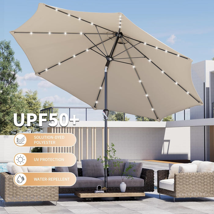 9FT Outdoor Patio Umbrella with Solar Lights, Market Table Umbrella with Push Button Tilt & Crank, 8 Sturdy Ribs, 32 LED Lights, UV Protection for Garden Lawn Deck Backyard Pool (Beige)