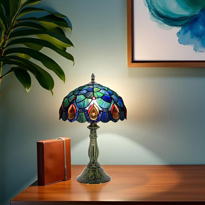 Tiffany Style Stained Glass Table Lamp 18.5 Inch - Blue Peacock Tail