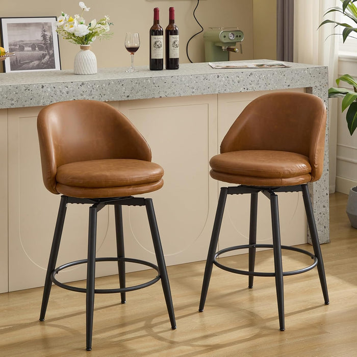 Counter Height Bar Stools Set of 2, 26 Inch Swivel Barstools with Back and Metal Legs for Kitchen Counter, Modern Upholstered Stools Island Chairs, Brown PU Leather
