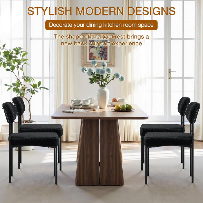 Dining Chairs Set of 6 Boucle Upholstered Kitchen Chairs with Curved Backrest Modern Dinner Chair with Metal Legs for Dining Room Living Room Vanity Black