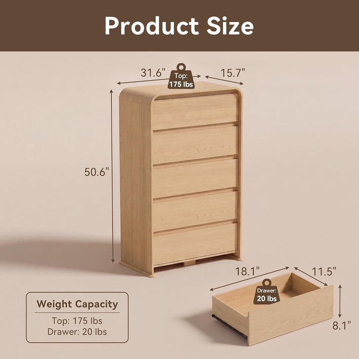 5-Drawer Dresser for Bedroom, 50.5" Tall Chest of Drawers, Natural
