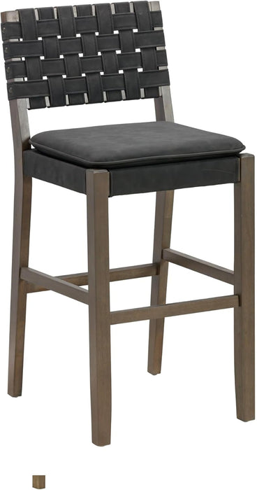 Cohen Mid-Century Modern 29 In. Wood Bar Stool, Upholstered Faux Leather Bar Height Stool with Solid Wood Frame, Black