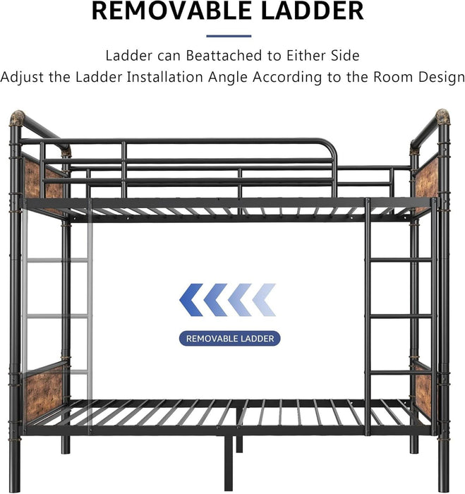 Metal Bunk Bed Twin over Twin, Industrial Bunkbeds Heavy Duty Bed with Safety Guard Rails and Space-Saving Design, Steel Bed for School, Bedroom (Vintage Brown)
