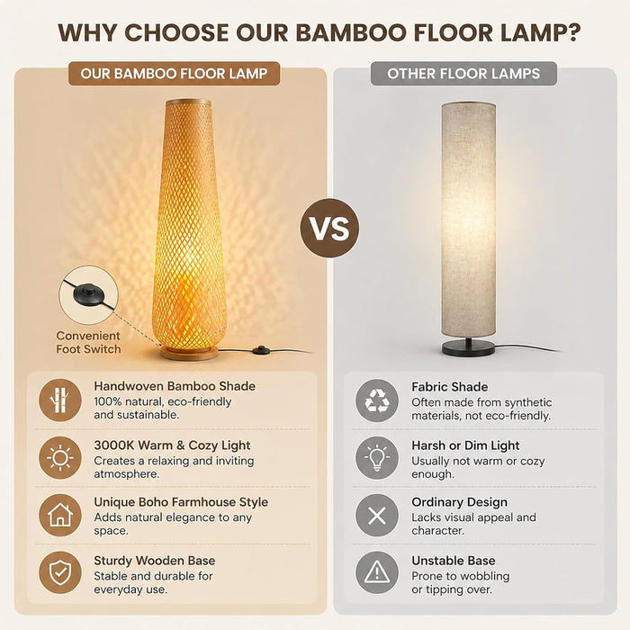 -Farmhouse Style Bamboo Floor Lamp,Large Wicker Indoor Floor Light,Boho Standing Light Plug In,Modern Minimalist Standing Lamp for Living Room Bedroom