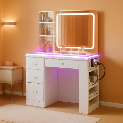 White Vanity Desk with Illuminated Mirror & Power Outlet, Bedroom Dresser LED Mirror Stepless Dimmable & 3 Color Modes Adjustable RGB Drawers, for Women Girls Bedroom, Pure White