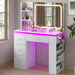 White Vanity Desk with Illuminated Mirror & Power Outlet, Bedroom Dresser LED Mirror Stepless Dimmable & 3 Color Modes Adjustable RGB Drawers, for Women Girls Bedroom, Pure White