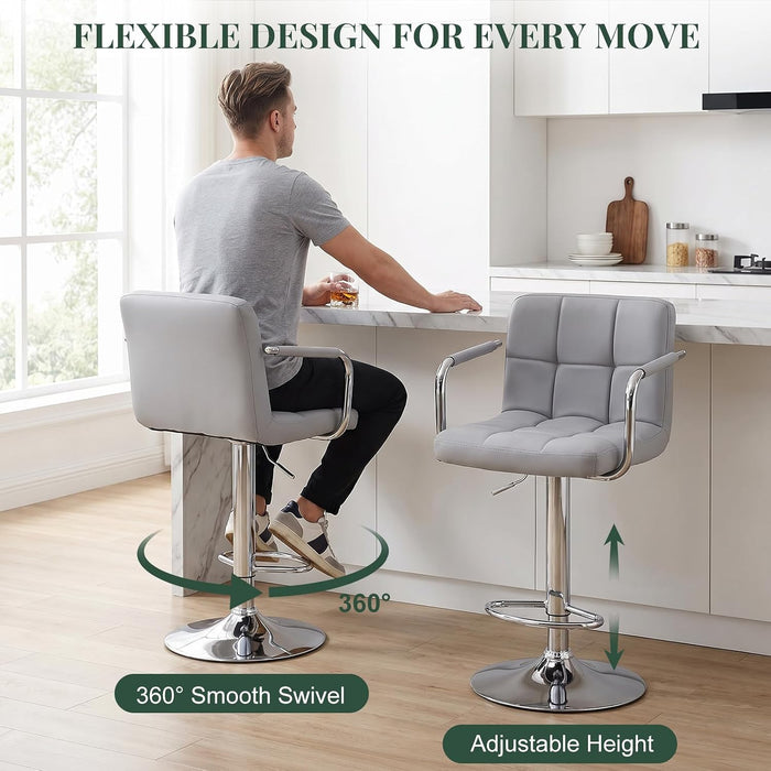 Bar Stools Set of 4, 24-26'' Adjustable Swivel Bar Chairs, Grey | PU Leather Counter Height Barstool with Back Support & Armrest for Kitchen Island, Dining Room
