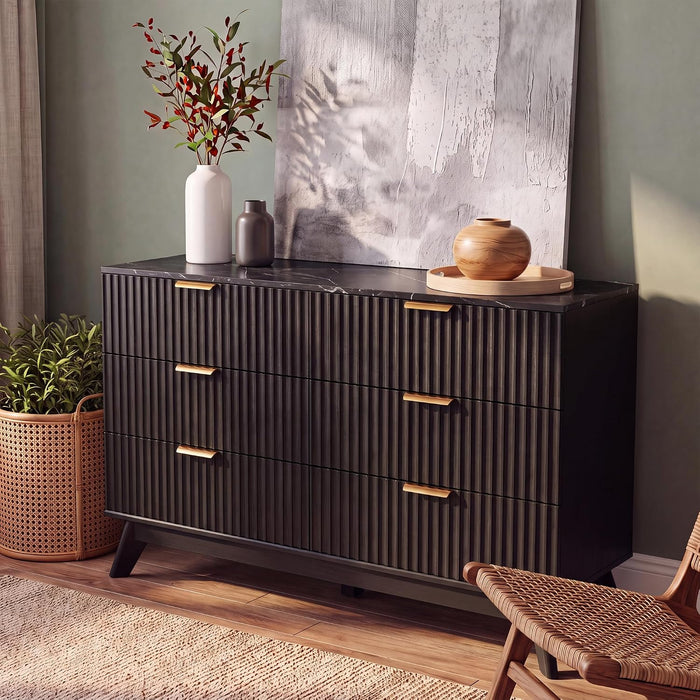 Fluted Dresser for Bedroom, 47.2" Wide Chest of 6 Drawers, Black