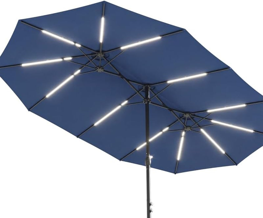 15FT Patio Umbrella with Solar Light Bar, Large Double-Sided Outdoor Table Umbrella with Base, Crank, Steel Ribs and Pole for Patio, Beach Sun Umbrellas for Backyard, Poolside, Navy Blue