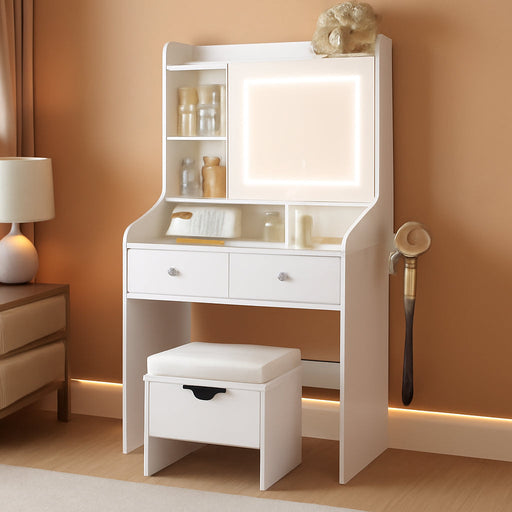 Vanity, Small Vanity Desk with Sliding Mirror, Dimmable LED Lights, 2 Drawers,Vanity Table Ideal for Bedroom (White)
