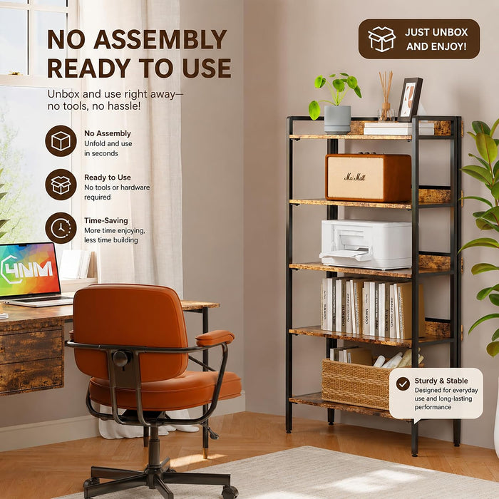 No Assembly Folding Bookshelf Book Shelves, 5-Tier 48"" H Collapsible Foldable Bookcase Storage Industrial Shelf for Living Room Bedroom Office