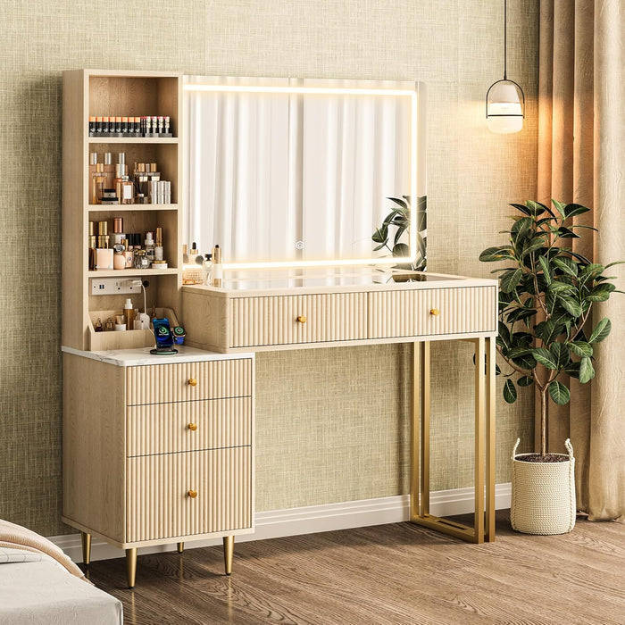 44 Inch Oak Vanity Desk With Lighted Mirror And Power Outlet