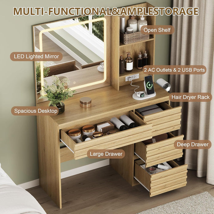 Vanity Desk with Lights, Fluted Vanity with 4 Drawers, Open Shelves, Power Outlet, LED Lighted Mirror, 3 Lighting Modes & Brightness Adjustable, Wood Dressing Table for Bedroom,Natural Oak