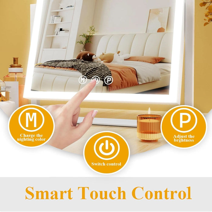 Lighted Makeup Mirror, 17.3"X13" Hollywood Vanity Mirror with Led Lights, Three Color Lighting Modes, and 5X Magnification Mirror, Smart Touch Control, 360°Rotation (White, Gift Box)