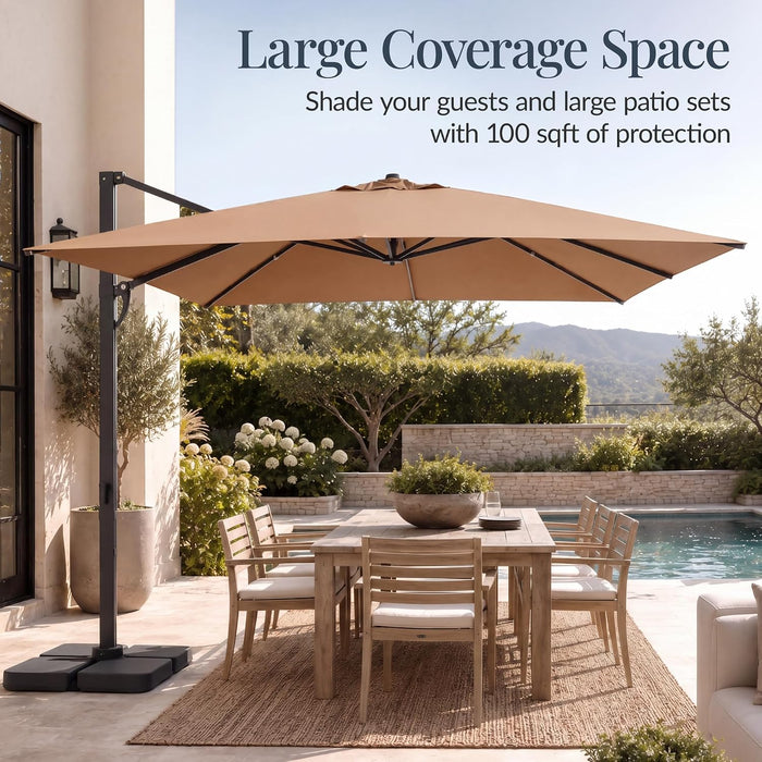 10X10Ft Cantilever Patio Umbrella, 5 Year Fade Resistant 260 GSM Canopy, Smooth Tilt Adjustment, and Aluminum Frame - Tan