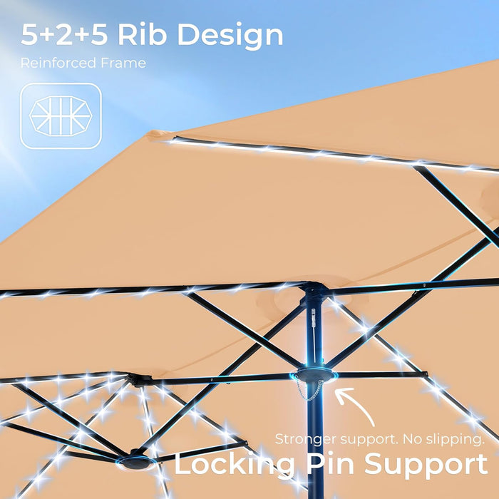 15Ft Large Patio Umbrella with Base Included, Double Sided Outdoor Umbrella with Solar Lights, Pool Umbrella with Fade Resistant Canopy for Deck, Porch, Yard, Balcony, Beige