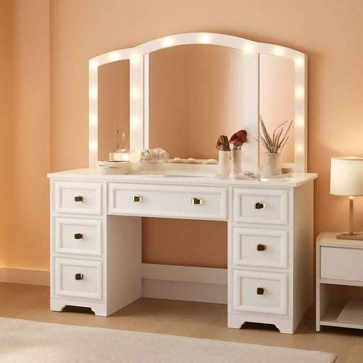 White Lighted Vanity Desk, Tri-Fold Mirror, 5 Drawers, Outlets | Retro Dressing Table with Lights, 5-Drawer Vanity Desk for Women & Girls, Vintage with Glass Top,Hair Dryer Holder