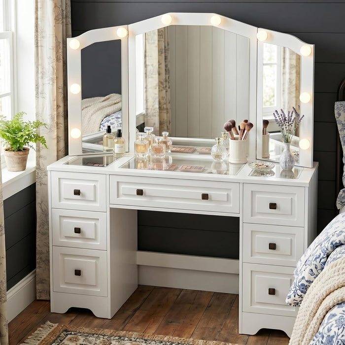 White Lighted Vanity Desk, Tri-Fold Mirror, 5 Drawers, Outlets | Retro Dressing Table with Lights, 5-Drawer Vanity Desk for Women & Girls, Vintage with Glass Top,Hair Dryer Holder