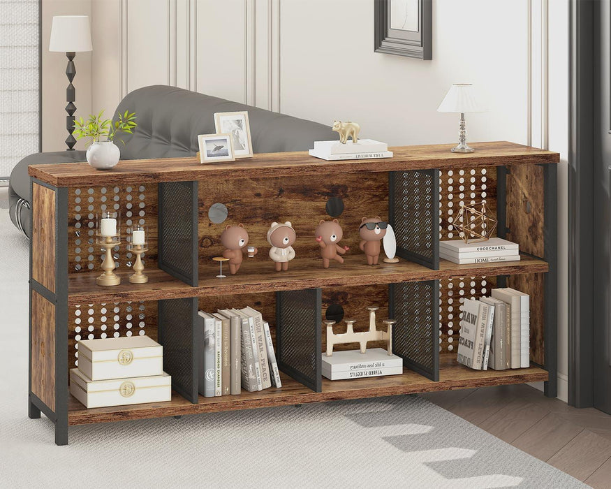 Rustic Horizontal Bookshelf, Industrial Bookcase Cube Storage Organizer, Wide Large Metal Wooden Office Cube Shelf, Farmhouse Low Long Book Shelf for Home Bedroom Living Room, Rustic Brown, 63 In