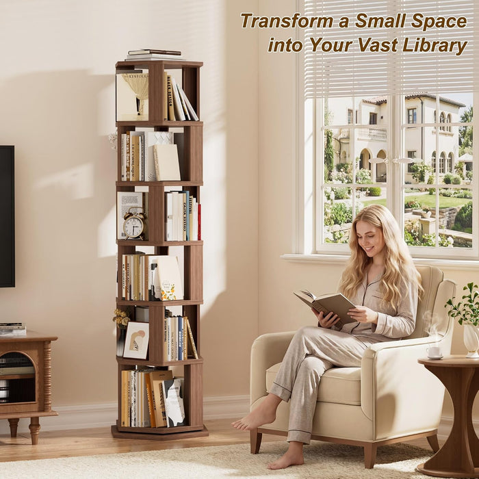 Rotating Bookshelf Tower, 6 Tier Solid Wood Spinning Rolling Book Shelf | Narrow Revolving Bookcase, Vertical Bookshelves for Corner Small Spaces, Bedroom, Living Room, Walnut