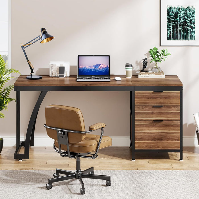 Computer Desk with 3 Drawers, 59-Inch PC Desk with Reversible Drawers, Industrial Study Writing Table Workstation with File Storage for Home Office, Walnut
