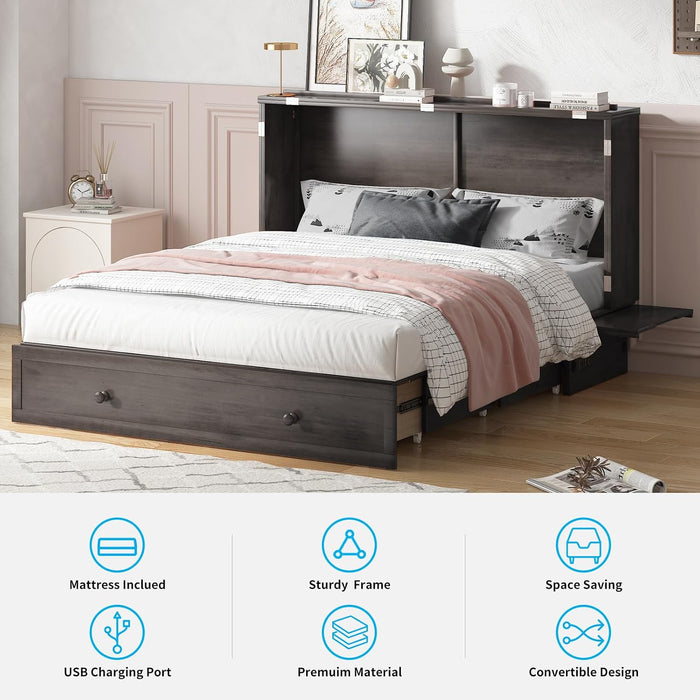 Queen Murphy Bed Cabinet SolidWood Mattress Included