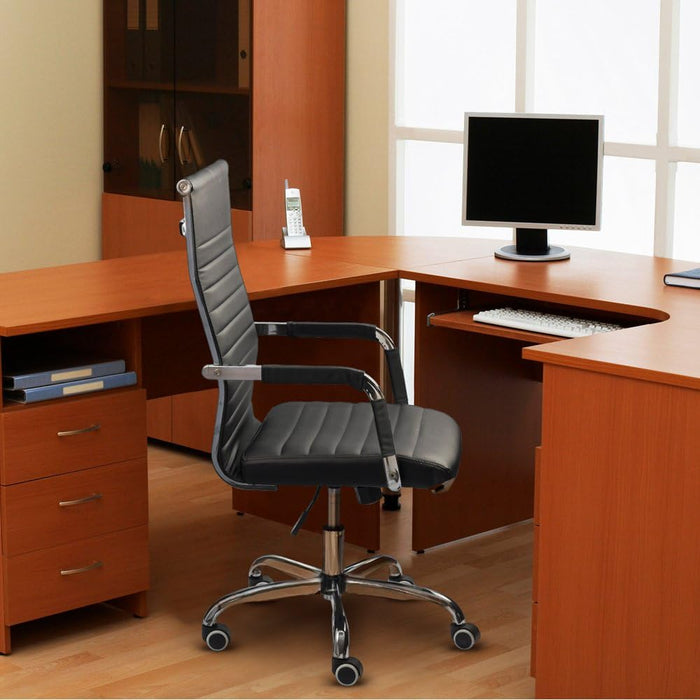 Ribbed Office Desk Chair Mid-Back PU Leather Executive Conference Task Chair Adjustable Swivel Chair with Arms (Black)