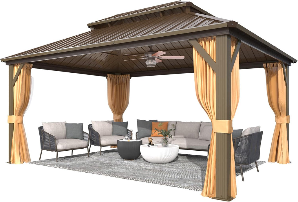 12X16FT Hardtop Gazebo, Outdoor Pergolas with Mosquito Netting and Curtains, Double Galvanized Steel Roof Permanent Aluminum Gazebo W/Sturdy Hooks for Patio, Deck, Backyard, Lawn, and Garden
