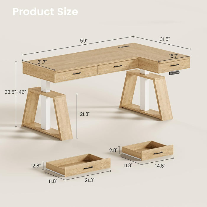 59 Inch L Shaped Electric Standing Desk with Drawers, Executive Adjustable Desk with Power Outlets, Sit Stand Computer Table for Home Office, Oak