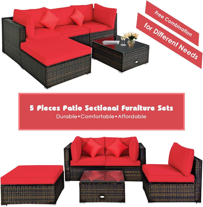 5-Piece Patio Conversation Set - Outdoor PE Rattan Furniture Set W/Glass Coffee Table, Back & Seat Cushions, Soft Pillows, Sectional Sofa Set for Porch, Backyard (Red)