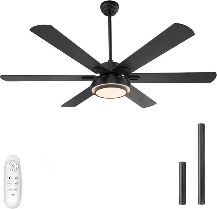 Ceiling Fans with Lights and Remote Control, 62 Inch, 6 Speeds Reversible DC Motor, 3 Color Dimmable Light, Timer, Noiseless, Black, 6 Blades