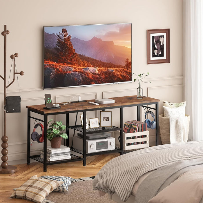 Entertainment Center for 55 50 45 43 40 32 Inch Tvs, TV Stand with Power Outlet and Open Storage Shelves, TV Media Console Table for Living Room and Bedroom, Rustic Brown