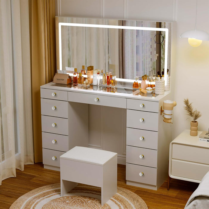 Glass Top Vanity Desk with Crystal Handles, 11 Drawers Makeup Vanity with Mirror and Stool, 3 Lighting Modes Dressing Table, Power Outlet, Silent Slides, White