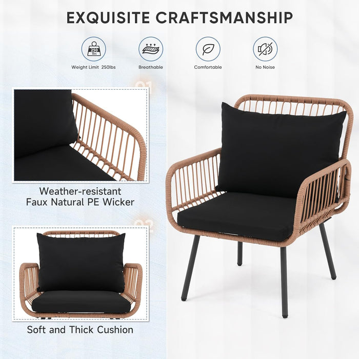 4 Pieces Patio Furniture Set, Outdoor Wicker Patio Conversation Set, Patio Sectional Table and Chairs Set of 4 with Cushion and Pillow, Coffee Side Table (Black)