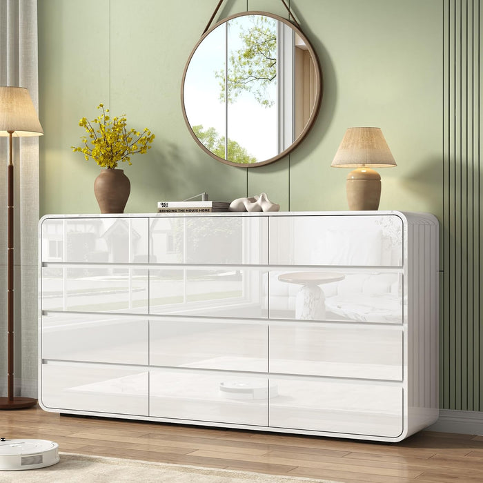 Modern Curved 12 Drawer Dresser for Bedroom, Safe Edge, White Glossy